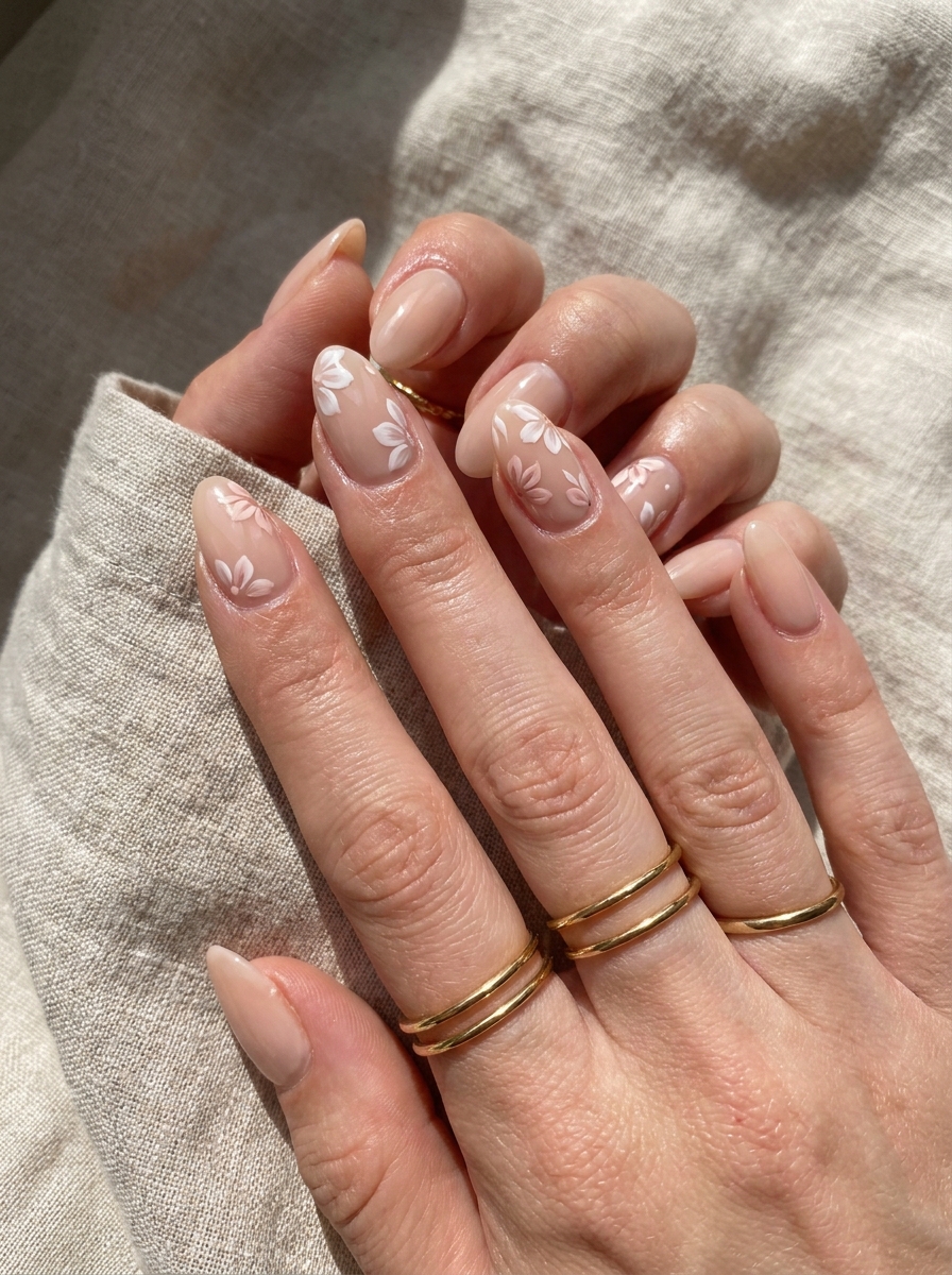 Almond Floral Nails mit mandelförmigen Nägeln und floralen Akzenten
